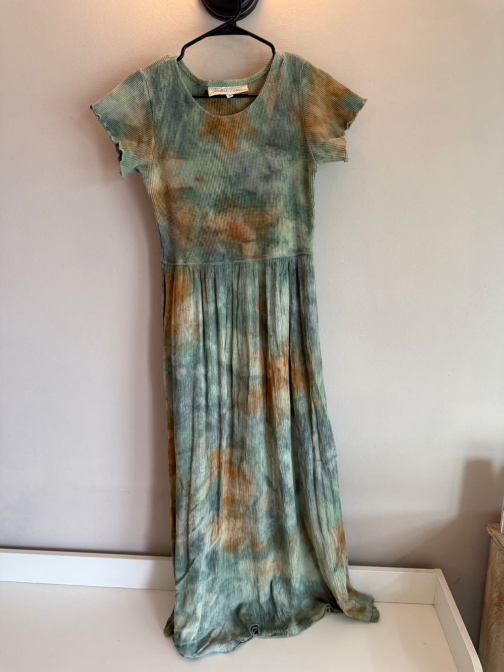 Barbara Lesser Tie Dye Maxi Dress Green Brown Ribbed Knit Short Sleeve Small